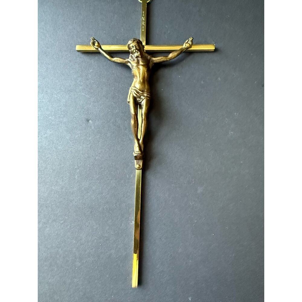 Vtg. Brass Jesus Christ Crucifix Cross Wall Hanging INRI 10" Catholic Religious